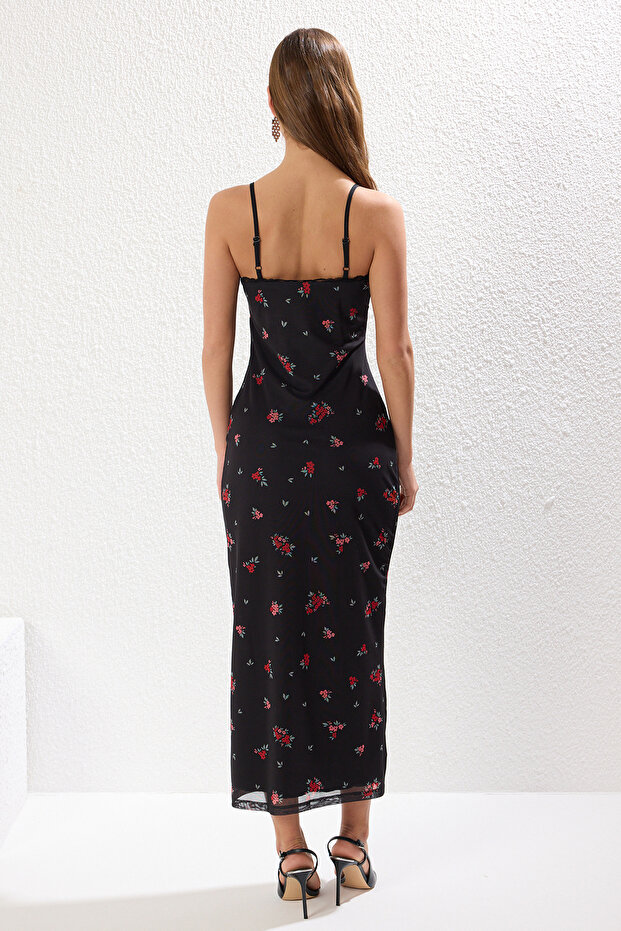 Çok Renkli Çiçekli Tül Dantel Detaylı Maxi Fitted/Vücuda Oturan Tül Örme Elbise TWOSS25EL00108 - 5