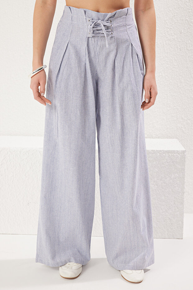 Çok Renkli Çizgili Keten Görünümlü Wide Leg/Geniş Paça Dokuma Pantolon TWOSS25PL00032 Palazzo - 4