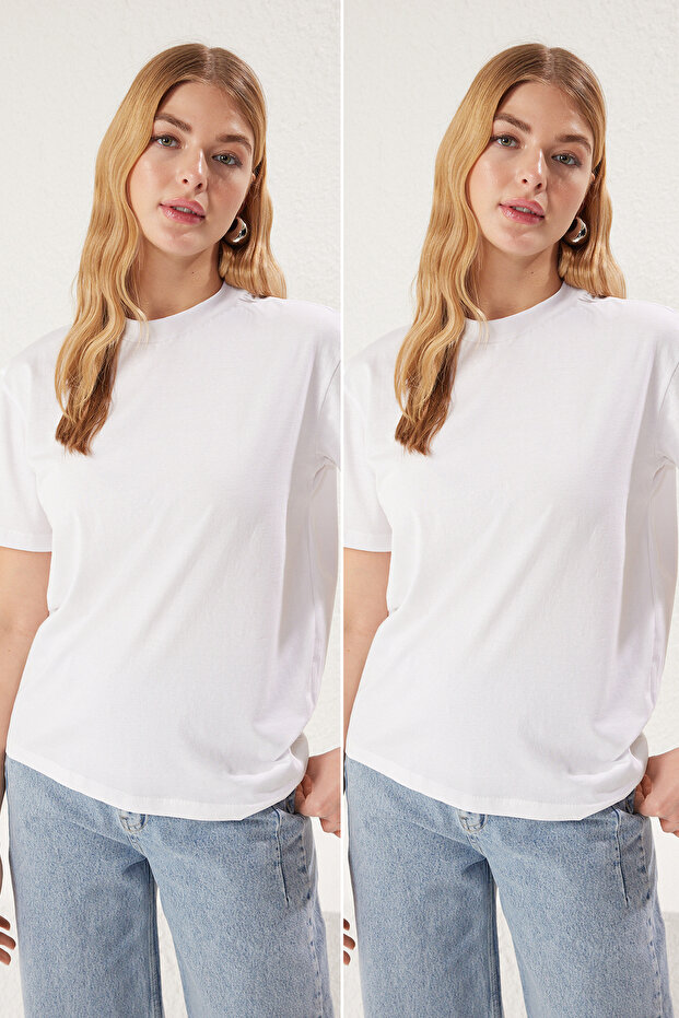 Beyaz-Beyaz 2'li Paket %100 Pamuk Basic Dik Yaka Örme T-Shirt TWOSS20TS1500 - 1