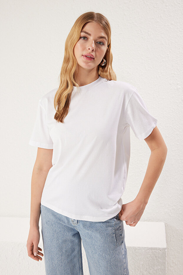 Beyaz-Beyaz 2'li Paket %100 Pamuk Basic Dik Yaka Örme T-Shirt TWOSS20TS1500 - 2
