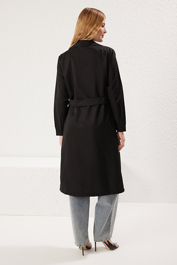 Fekete öves vízlepergető hosszú kabát TWOAW24TR00003 - 5