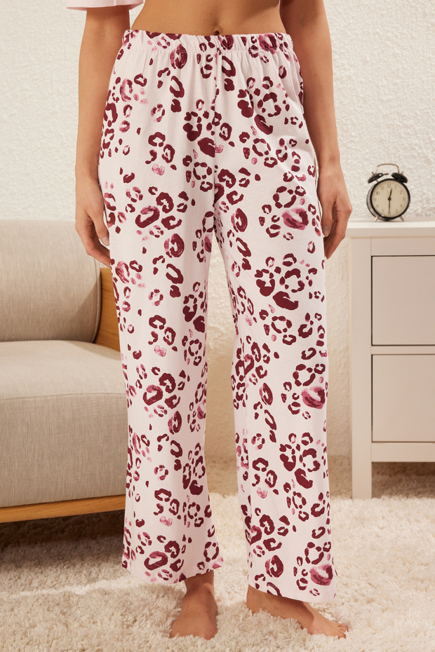 Pudra %100 Pamuklu Leopar Desenli Örme Pijama Takımı THMSS25PT00181 - 4