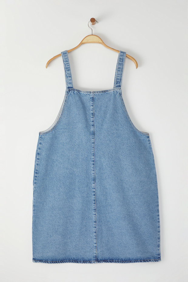 Mavi Önü Düğmeli Askılı %100 Pamuk Non-Stretch Denim Büyük Beden Elbise TBBSS25AH00095 - 8