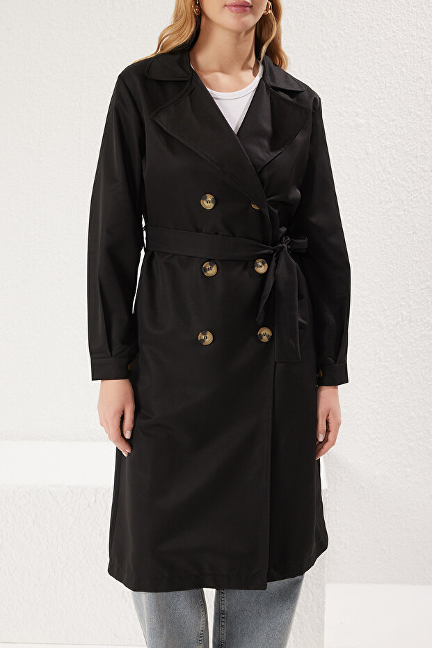 Fekete öves vízlepergető hosszú kabát TWOAW24TR00003 - 3