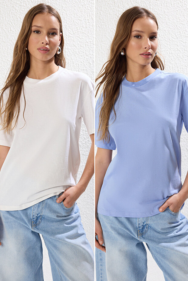 Ekru-Mavi 2'li Paket %100 Pamuk Basic Dik Yaka Örme T-Shirt TWOSS20TS1500 - 1