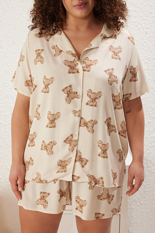 Bej Ayıcık Desenli Gömlek Yaka Viskon Dokuma Pijama Takımı TBBSS25AI00006 - 3