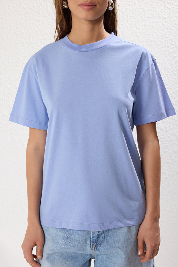Ekru-Mavi 2'li Paket %100 Pamuk Basic Dik Yaka Örme T-Shirt TWOSS20TS1500 - 5