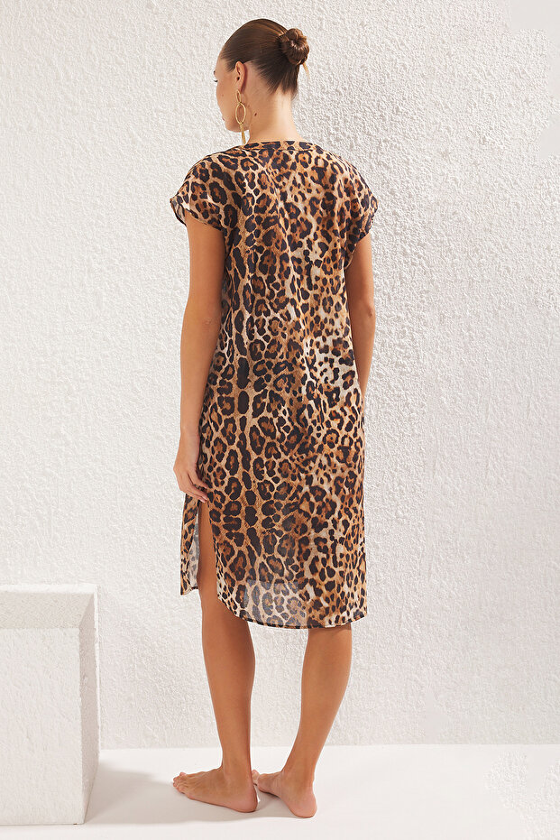 Leopar Desenli Dokuma %100 Pamuk Plaj Midi Elbise TBESS25EL00014 - 4