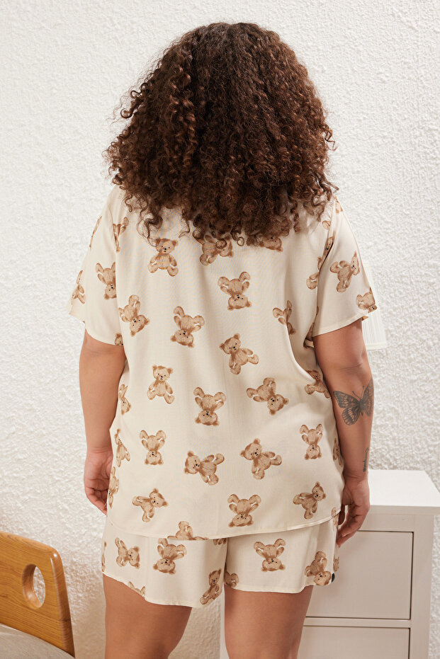Bej Ayıcık Desenli Gömlek Yaka Viskon Dokuma Pijama Takımı TBBSS25AI00006 - 5