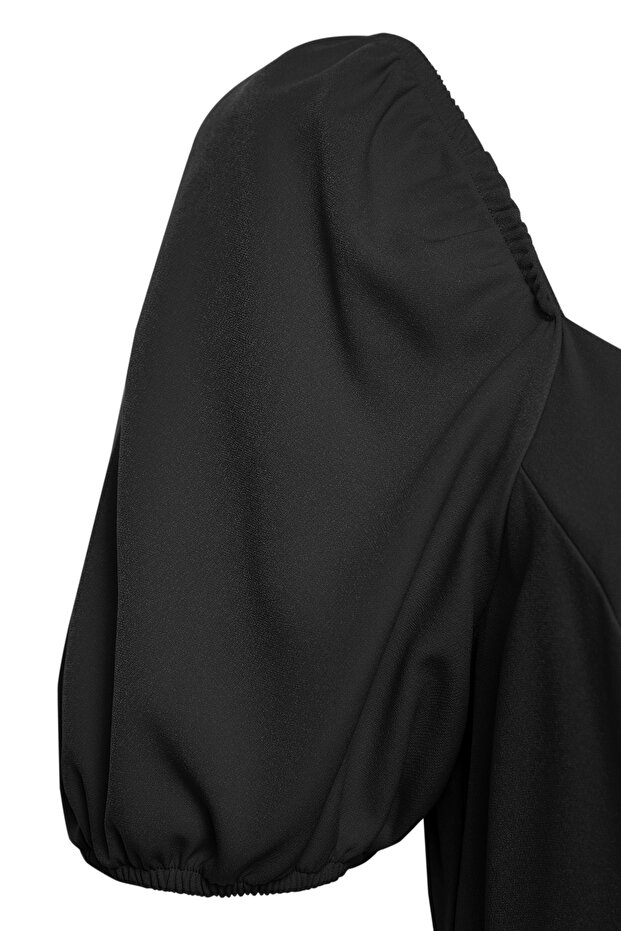 Siyah Kare Yaka Astarı Şortlu Balon Kollu Dokuma Büyük Beden Elbise TBBSS25AH00079 - 8
