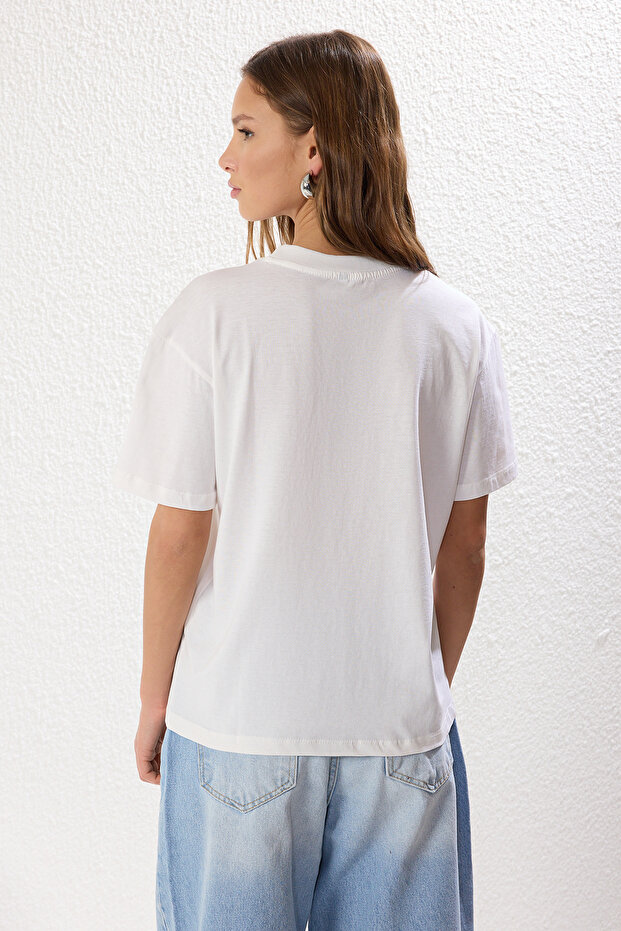 Ekru-Mavi 2'li Paket %100 Pamuk Basic Dik Yaka Örme T-Shirt TWOSS20TS1500 - 3