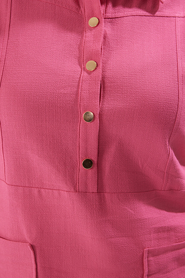Fukszia 100% pamut vászon megjelenés gombos ing gallér szőtt nagy méretű ruha TBBSS25AH00107 - 4