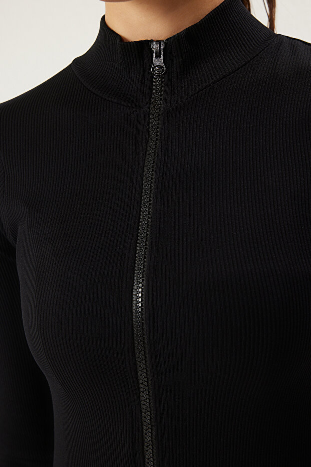 Siyah Seamless/Dikişsiz Fermuarlı Dik Yaka Örme Spor Ceket/Sweatshirt THMSS25SK00001 - 4