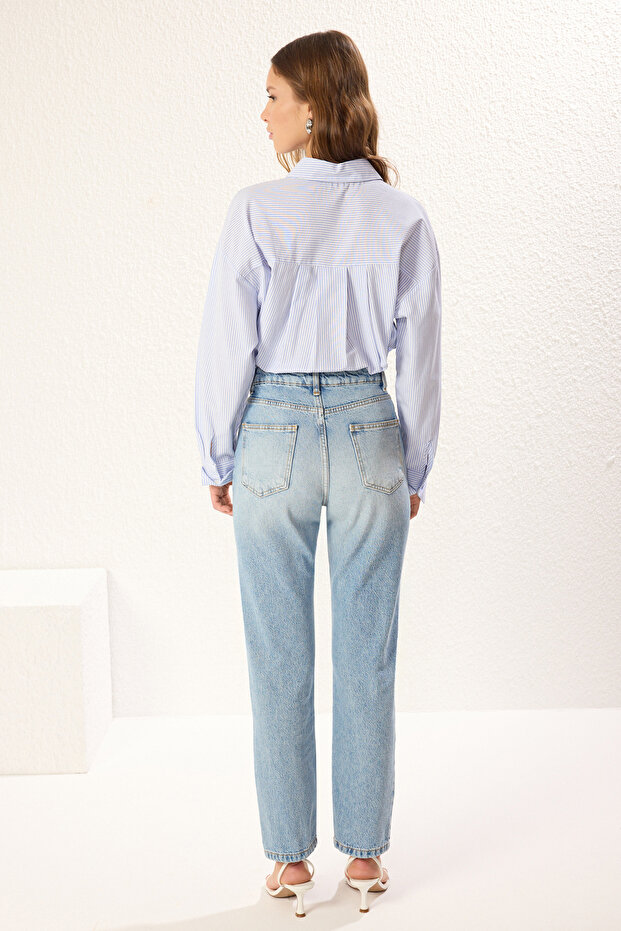 Mavi Yüksek Bel Düz Kesim Straight %100 Pamuk Non-Stretch Jeans TWOSS23JE00089 - 5