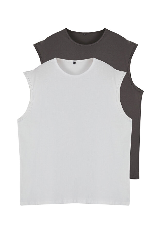Basic Beyaz-Antrasit 2'li Paket Oversize/Geniş Kesim Pamuklu Kolsuz T-Shirt/Atlet TMNSS22AL0070 - 3