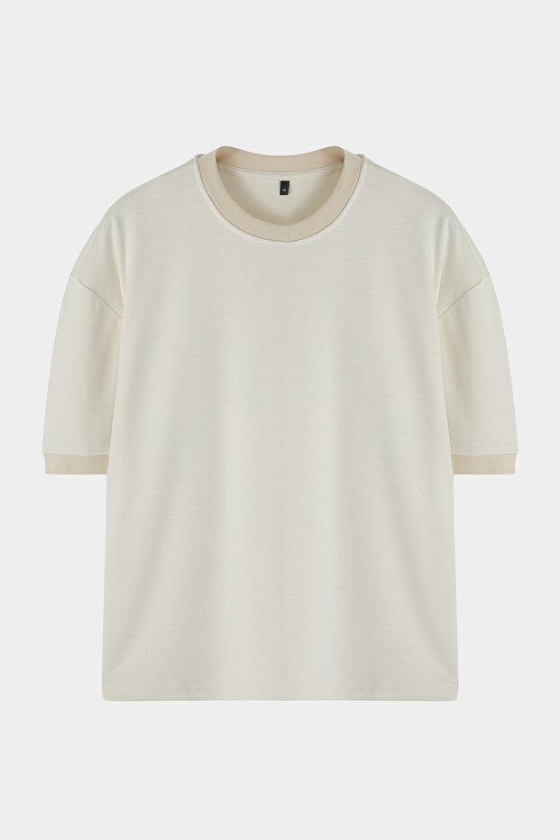Ekru Boxy Fit/Kare Kesim Yumuşak Doku İnterlok Kumaş T-Shirt TMNSS25TS00078 - 8