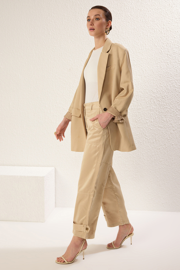 Bej Geniş Paça Yumuşak Gabardin Dokuma Pantolon TCTSS25TP00003 - 2