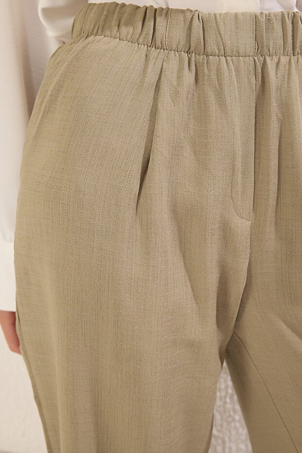 Haki Keten Görünümlü Wide Leg/Geniş Paça Dokuma Pantolon TWOSS25PL00084 - 4