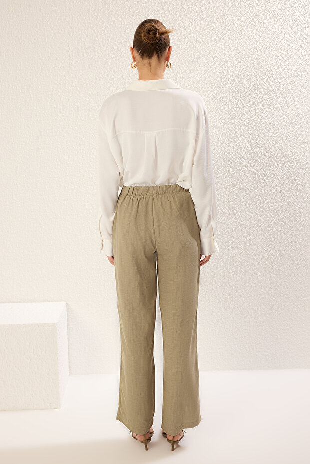 Haki Keten Görünümlü Wide Leg/Geniş Paça Dokuma Pantolon TWOSS25PL00084 - 5
