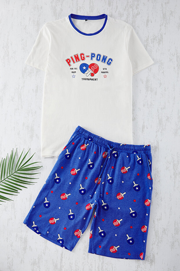 Ekru -Mavi Regular Fit Spor Temalı Örme Şortlu Pijama Takımı TMNSS25PT00014 - 5