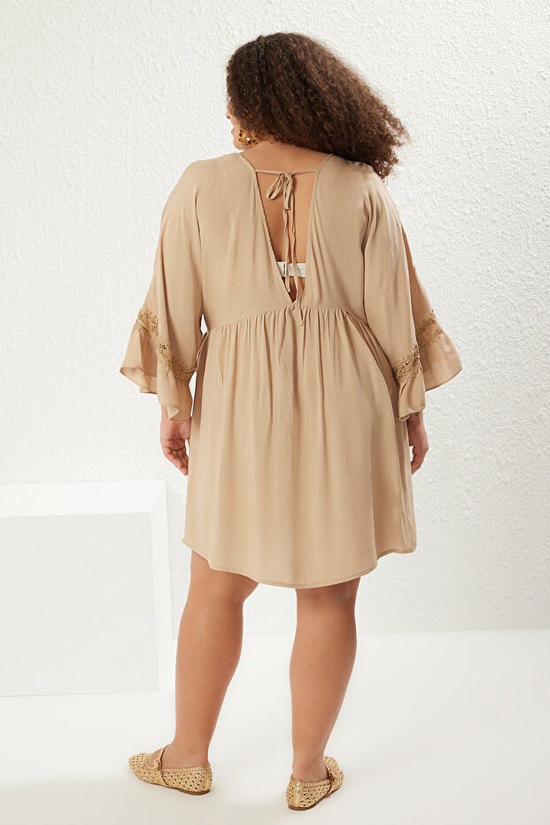 Миниплажна мини рокля с дантелена вълна в цвят норка - Tbbss24Ah00134 - 5