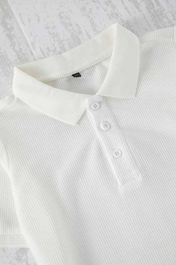 Beyaz Düz/Basic Regular/Normal Kalıp Polo Yaka Kısa Kol Erkek Çocuk Örme T-Shirt TKDSS25TS00076 - 3