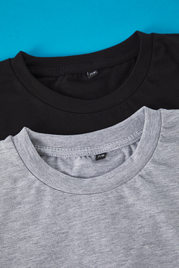 Siyah-Gri 2'li Erkek Çocuk Pamuklu Basic Oversize/Geniş Kalıp Örme T-Shirt TKDSS25TS00052 - 3