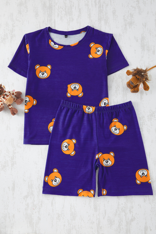 Lacivert Erkek Çocuk Ayıcık Baskılı Bisiklet Yaka Örme Alt Üst Pijama Takımı TKDSS25PT00004 - 1
