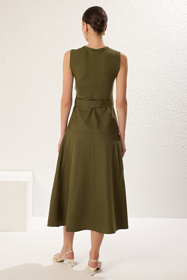 Haki Kemerli A Kesim Midi Gabardin Dokuma Elbise TWOSS25EL00055 - 6
