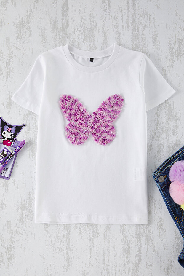 Ekru Kız Çocuk %100 Pamuk Kelebek Desenli Regular/Normal Kalıp Kısa Kol Örme T-Shirt TKDSS25TS00035 - 2