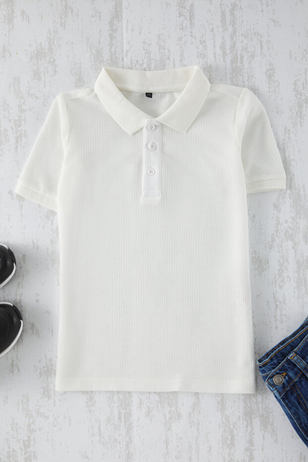 Beyaz Düz/Basic Regular/Normal Kalıp Polo Yaka Kısa Kol Erkek Çocuk Örme T-Shirt TKDSS25TS00076 - 2