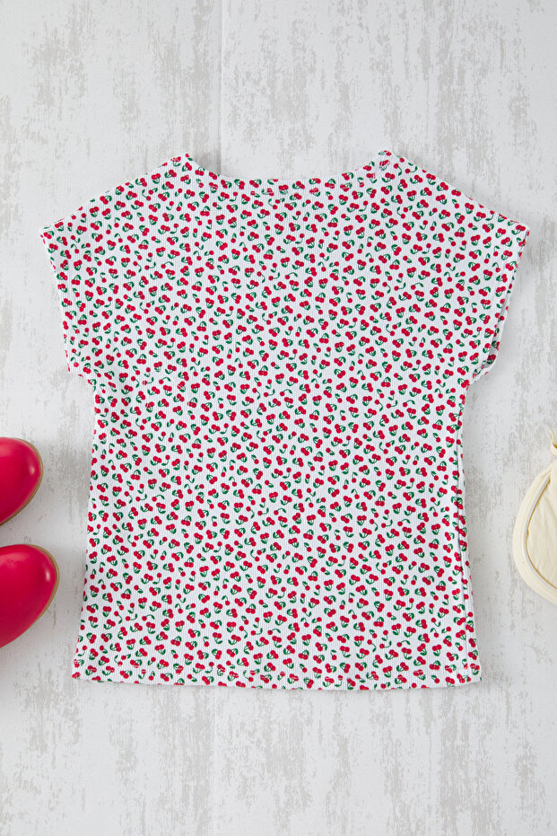 Çok Renkli Kız Çocuk Pamuklu Kiraz Desenli Regular/Normal Kalıp Ay Kol Örme T-Shirt TKDSS25TS00073 - 3