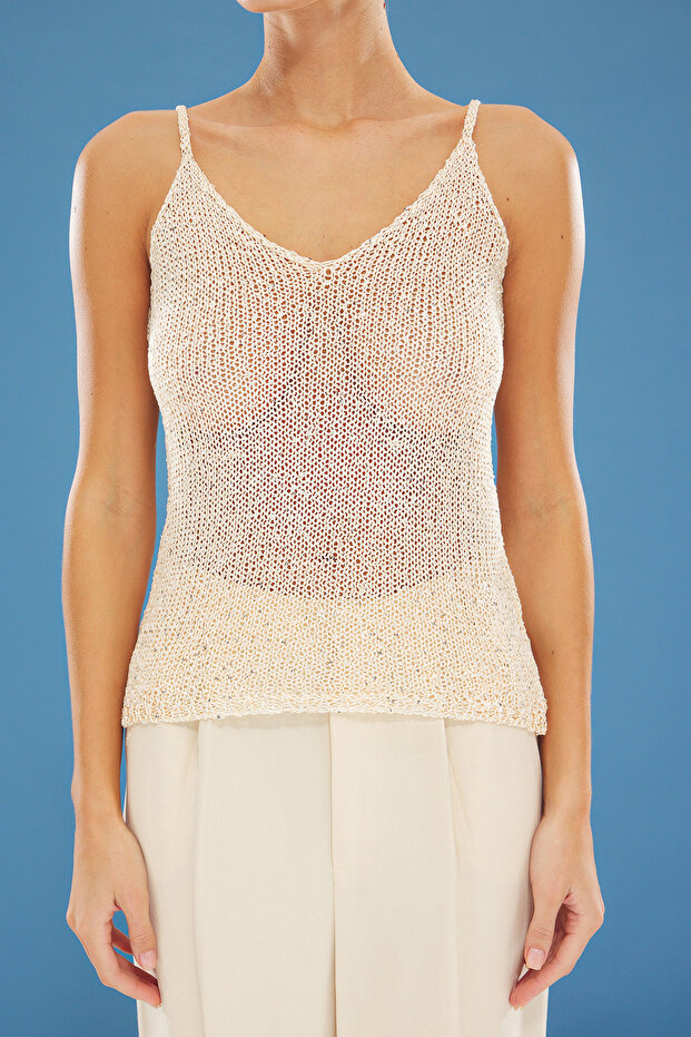 Altın Crop Payetli Metalik İplikli Triko Bluz TWOSS25BZ00321 - 7