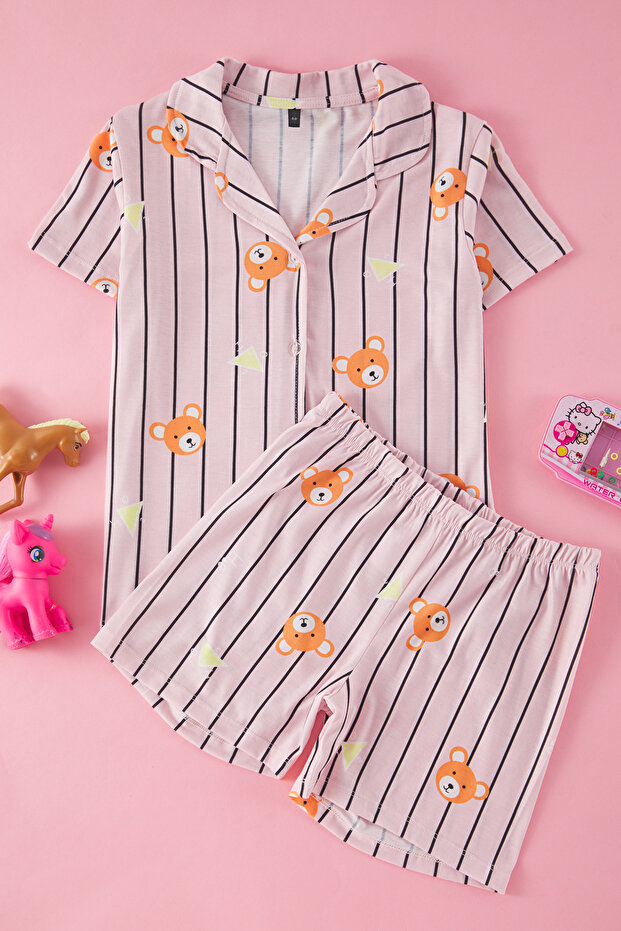 Pembe Kız Çocuk Ayıcık Baskılı Gömlek Yaka Çizgili Örme Alt Üst Pijama Takımı TKDSS25PT00005 - 1