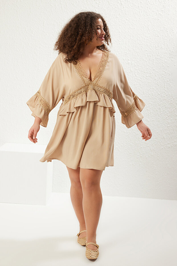 Миниплажна мини рокля с дантелена вълна в цвят норка - Tbbss24Ah00134 - 1