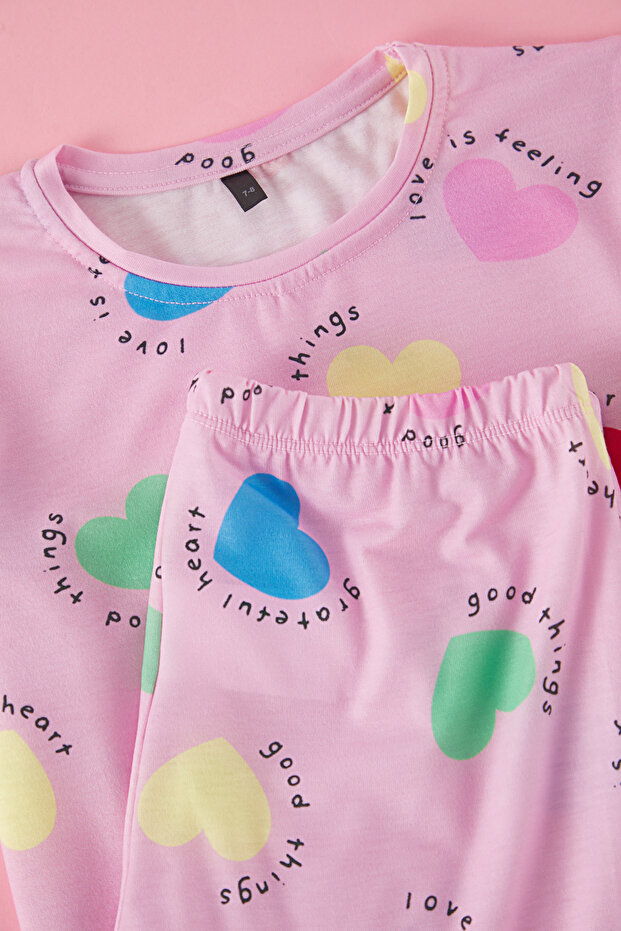 Pembe Kız Çocuk Kalp Desenli Bisiklet Yaka Alt Üst Örme Pijama Takımı TKDSS25PT00006 - 4