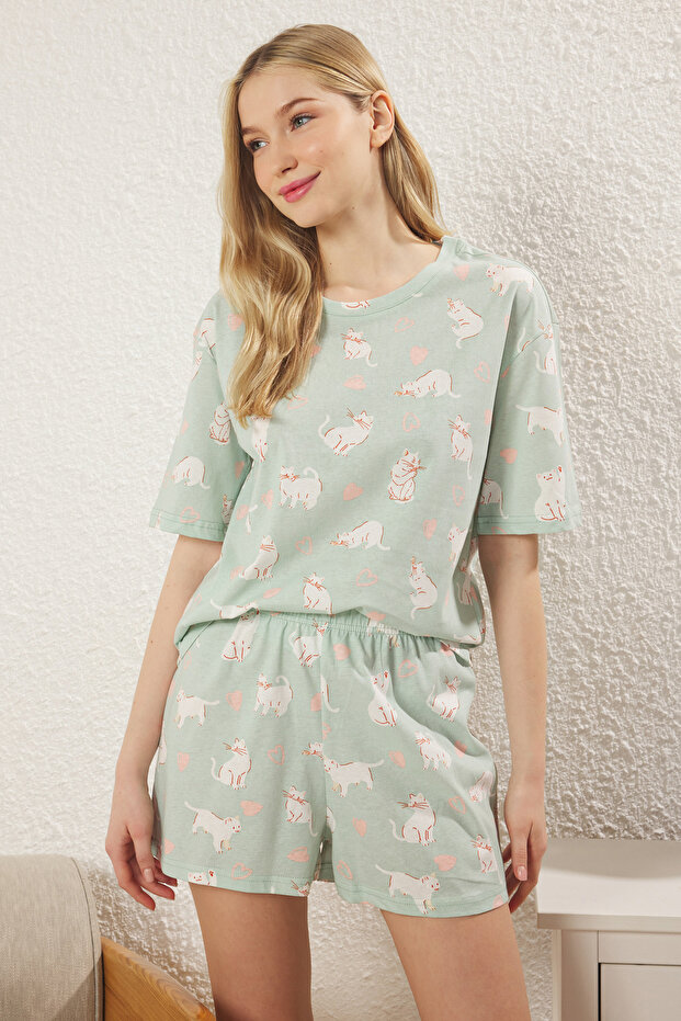 Yeşil %100 Pamuklu Kedili ve Kalpli Şortlu Örme Pijama Takımı THMSS25PT00240 - 1