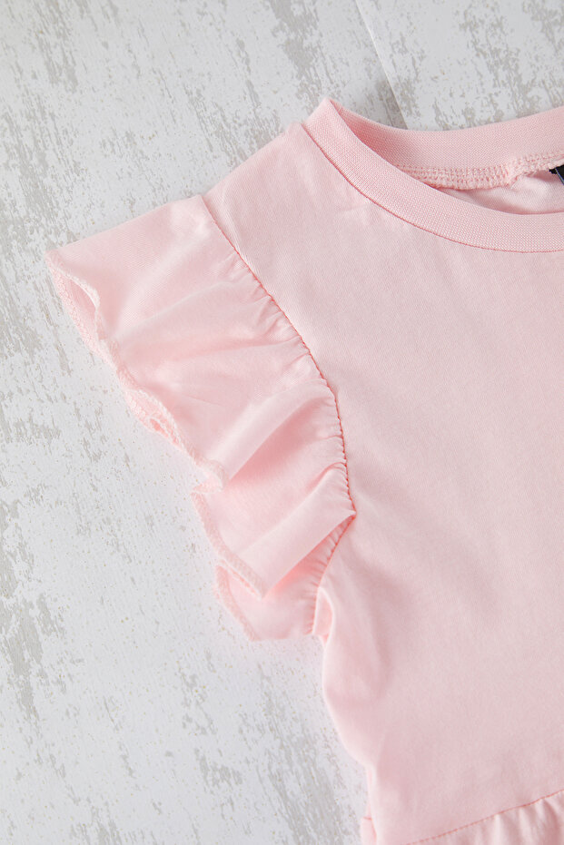 Pembe Kız Çocuk Kolları Fırfır Detaylı Basic Örme Elbise TKDSS25EL00016 - 2