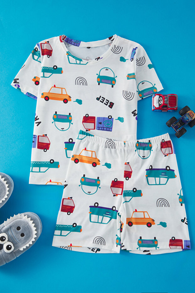 Ekru Erkek Çocuk Araba Baskılı Bisiklet Yaka Örme Alt Üst Pijama Takımı TKDSS25PT00004 - 1