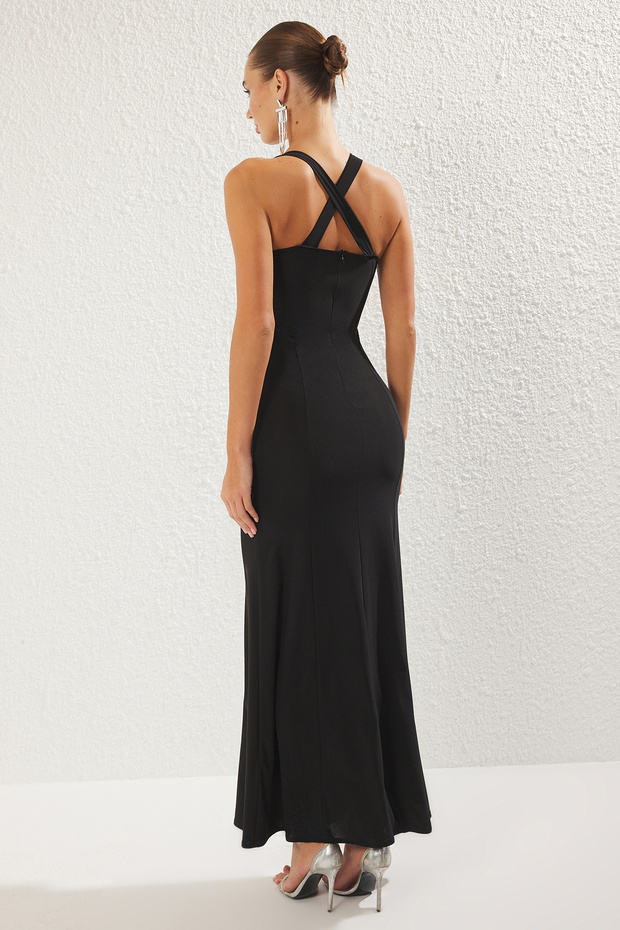 Siyah Vücuda Oturan Örme Maxi Şık Abiye Gece Mezuiyet Elbisesi TPRSS25AE00111 - 5