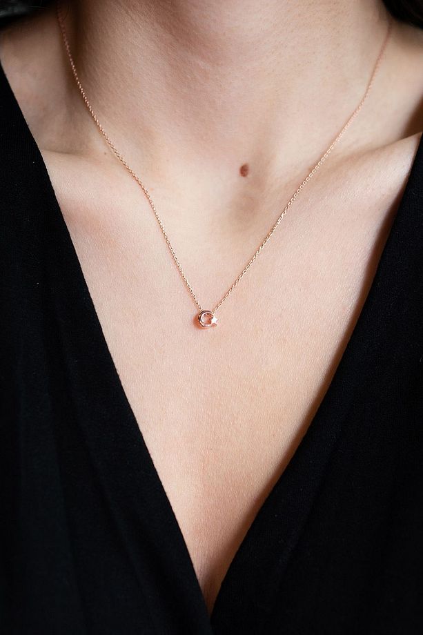 925 Ayar Rose Kaplamalı Minimal Ay Yıldız Gümüş Kolye - 3