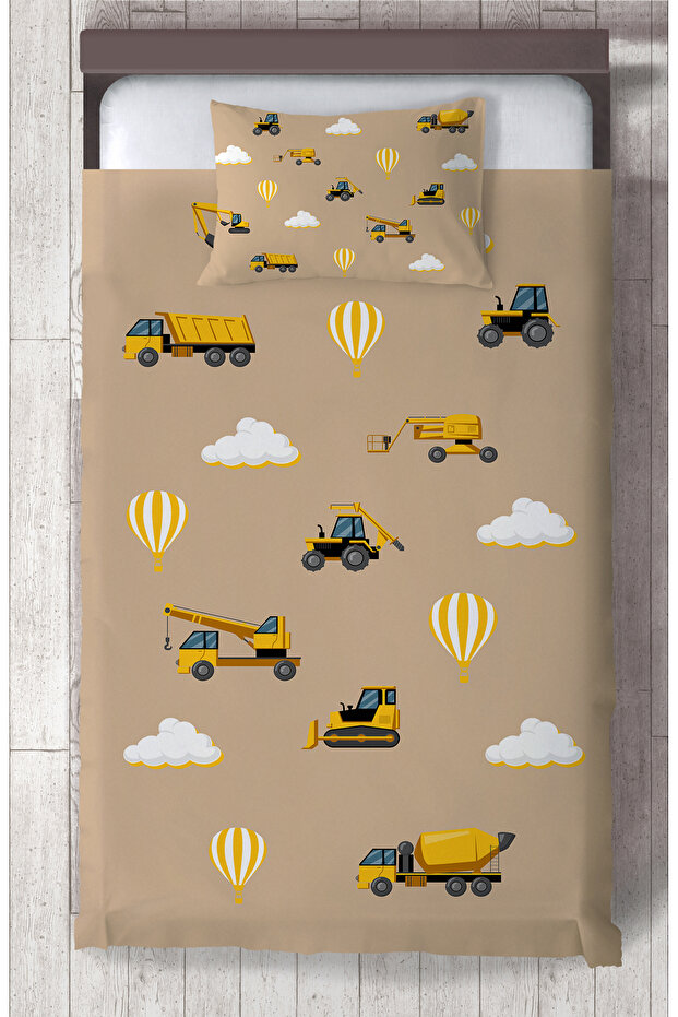 BABY AND KIDS ROOM Brown Road Patterned Bedspread with Engineering Vehicles