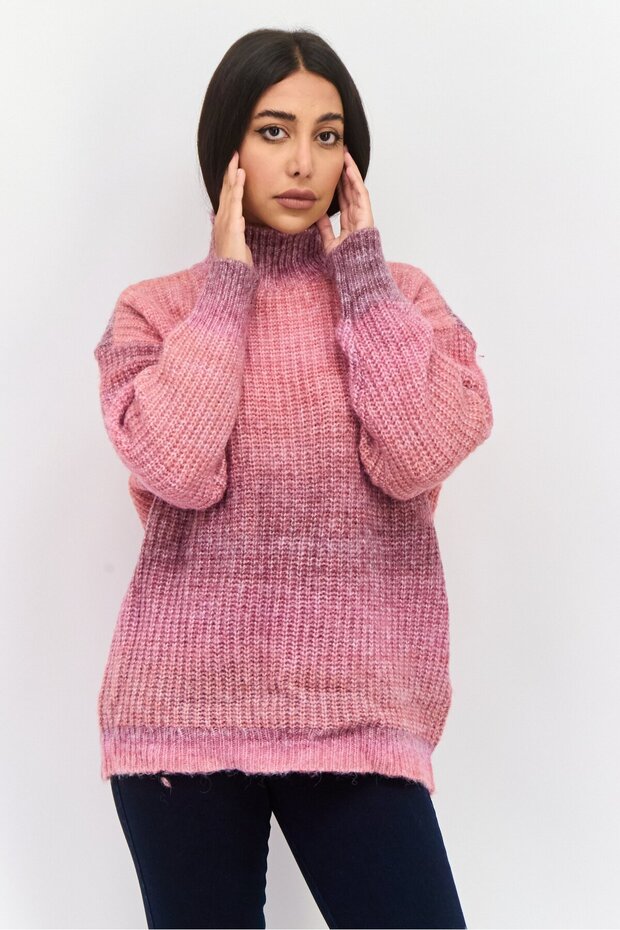 Women High Neck Textured Sweater, Pink Mist