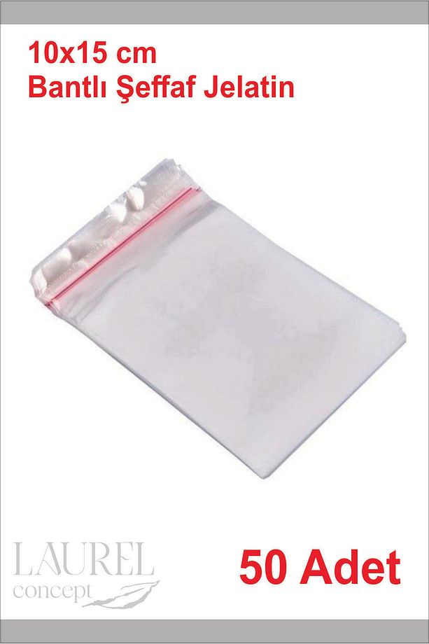 50 Adet Bantlı Şeffaf Jelatin Poşet 10x15 cm - 1