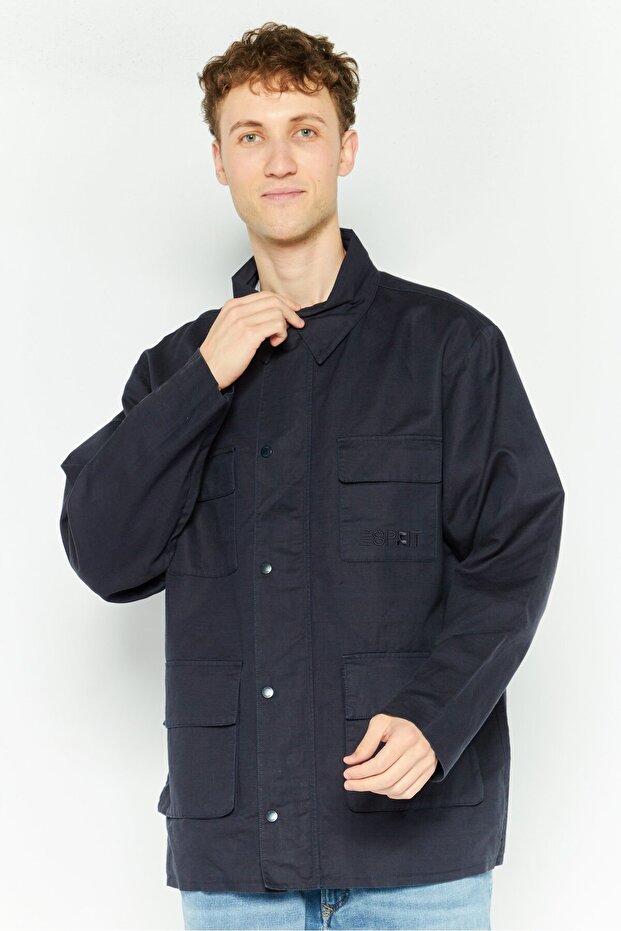 Men Embroidered Logo Demin Shirt Jackets, Navy
