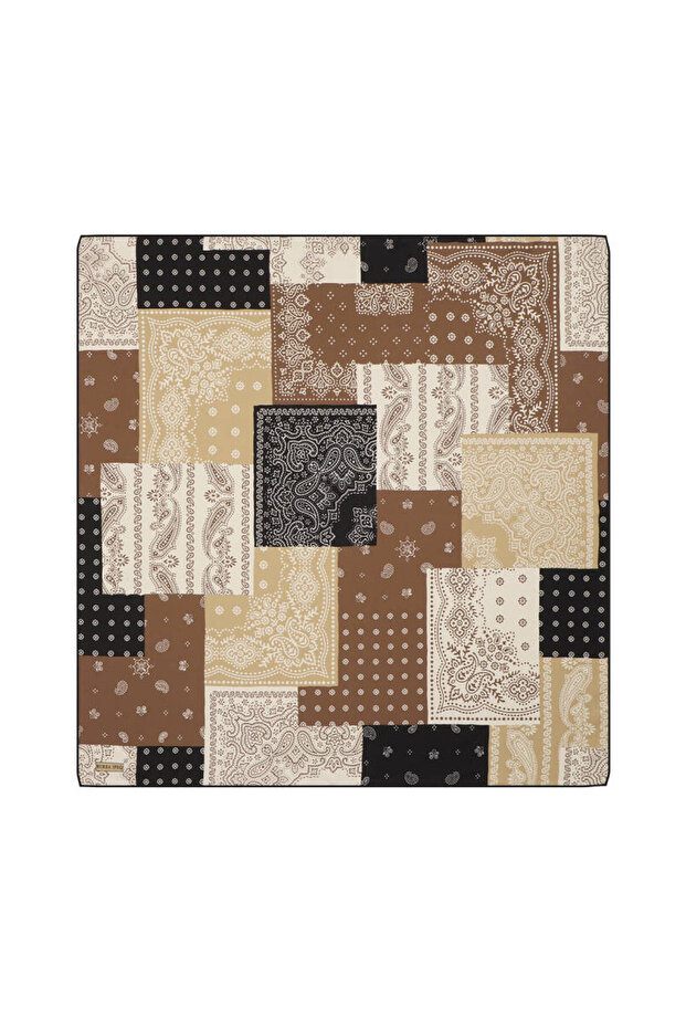 وشاح حريري بنمط مرقع باللون البني - 1