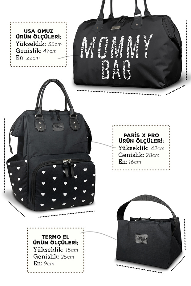 X Pro Kalpli Anne Bebek Sırt Çantası Omuz Çantası Ve Biberonluk Çantası 3'lü Set - 3