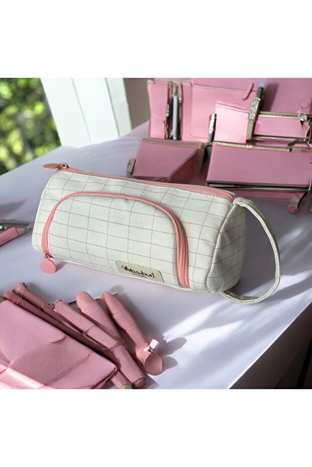 Ilgaz Pink Checkered Large Wide Organic Canvas Cotton Fabric Pencil Case Pen Holder Makeup Bag