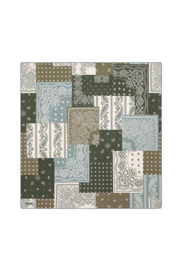 Yeşil Patchwork Desen Twill İpek Eşarp - 1