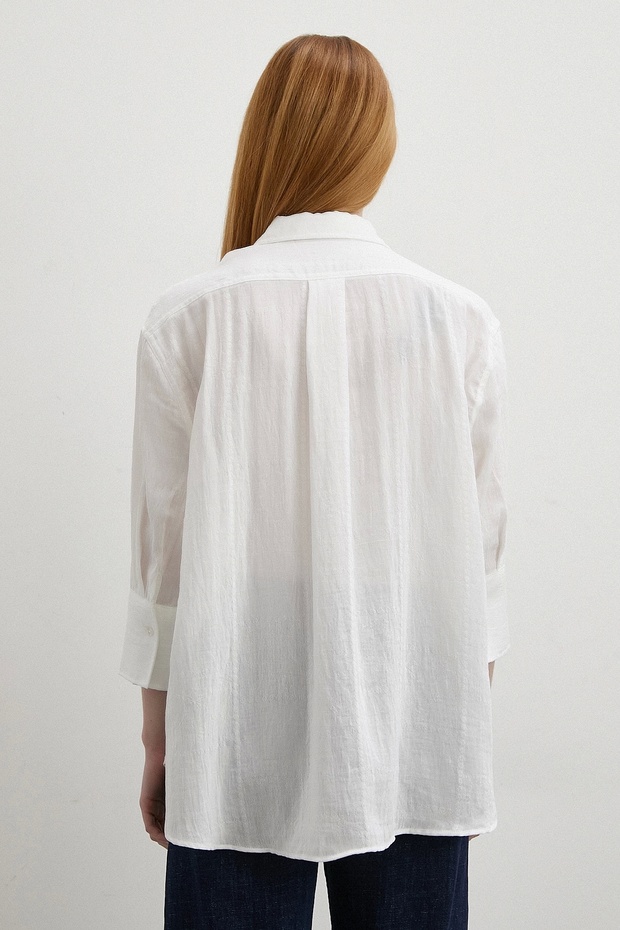 Çift İğneli Pamuklu Gömlek Beyaz - 3